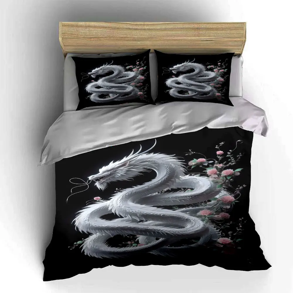 White dragon coiled among blossoms Bedding Set for Kids Luxury Gift 3pcs Digital Print Comforter Set Soft Comfortable 5
