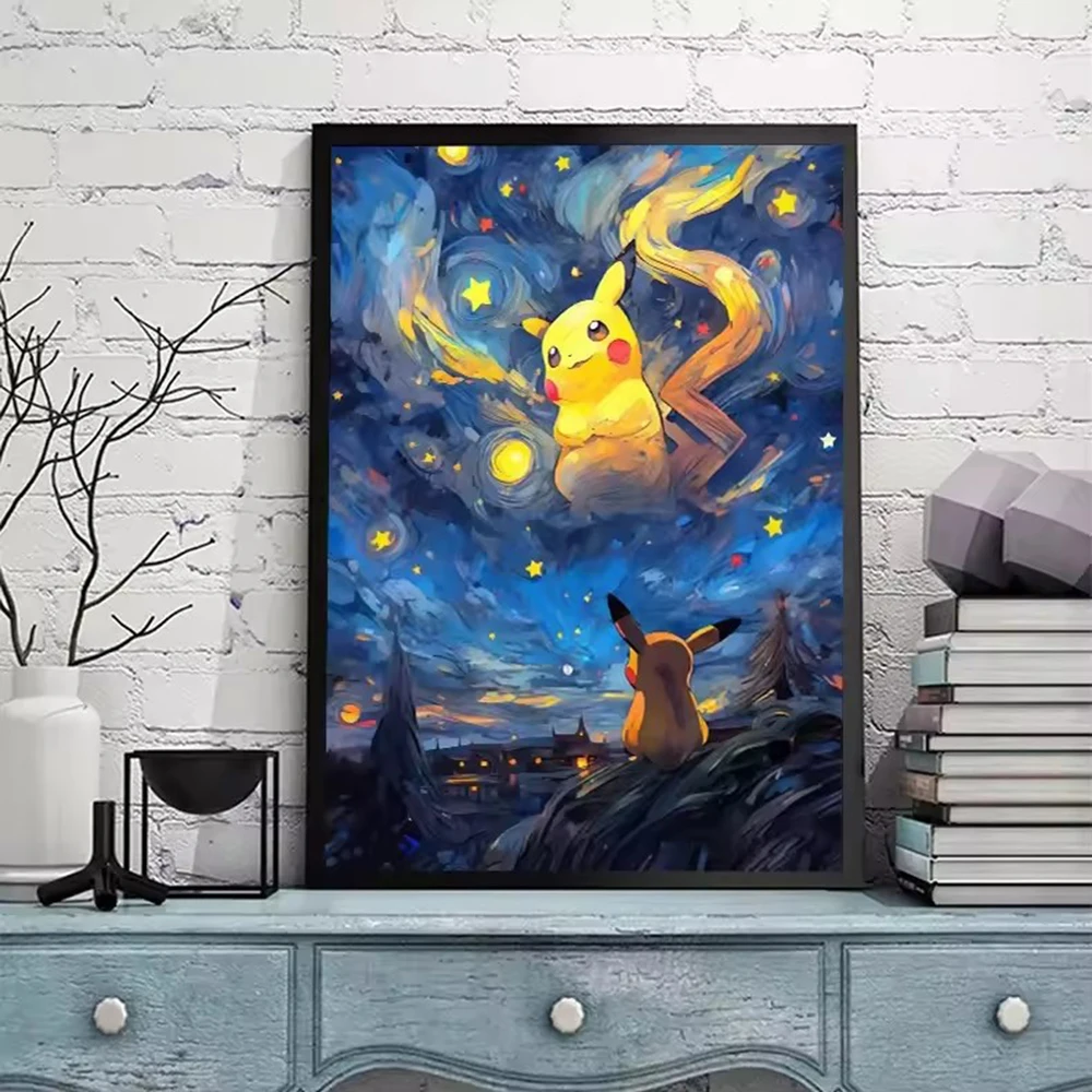 Van Gogh Starry Sky Anime Figures Pokemon Pikachu Watercolor Painting Canvas Posters and Prints Wall Art Picture for Living Room