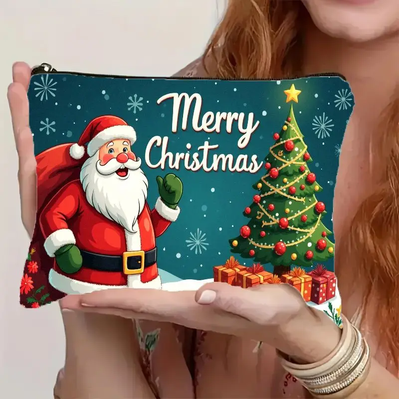 2D Flat, Festive Santa Claus & Christmas Tree Print Makeup Bag with Zipper Closure Lightweight Colorfast Foldable Cosmetic Pouch