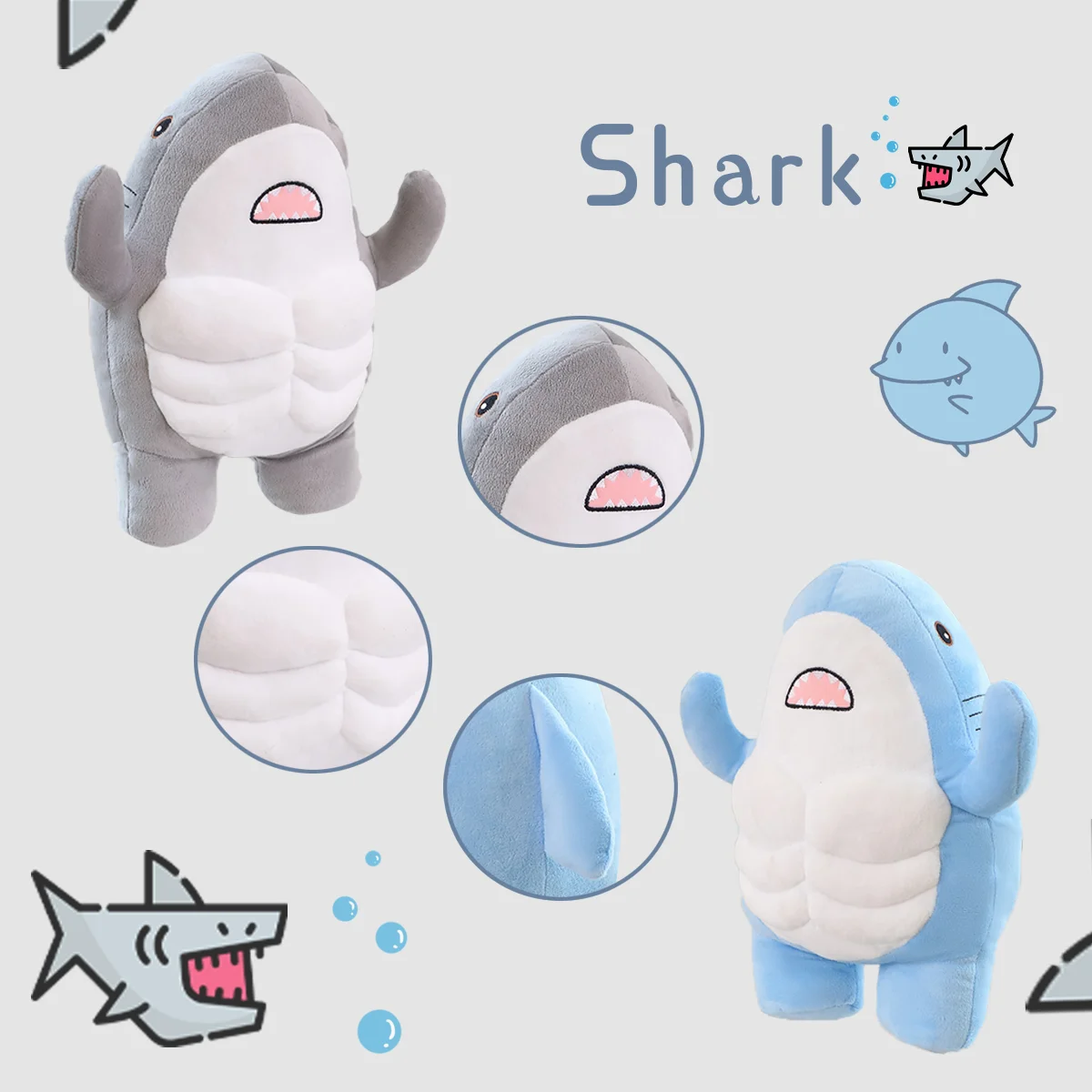 Adorable Muscle Shark Plush Toys Soft Stuffed Animal Pillow Accompany Sleep Toy Creative Home Decoration Kids Boys Birthday Gift