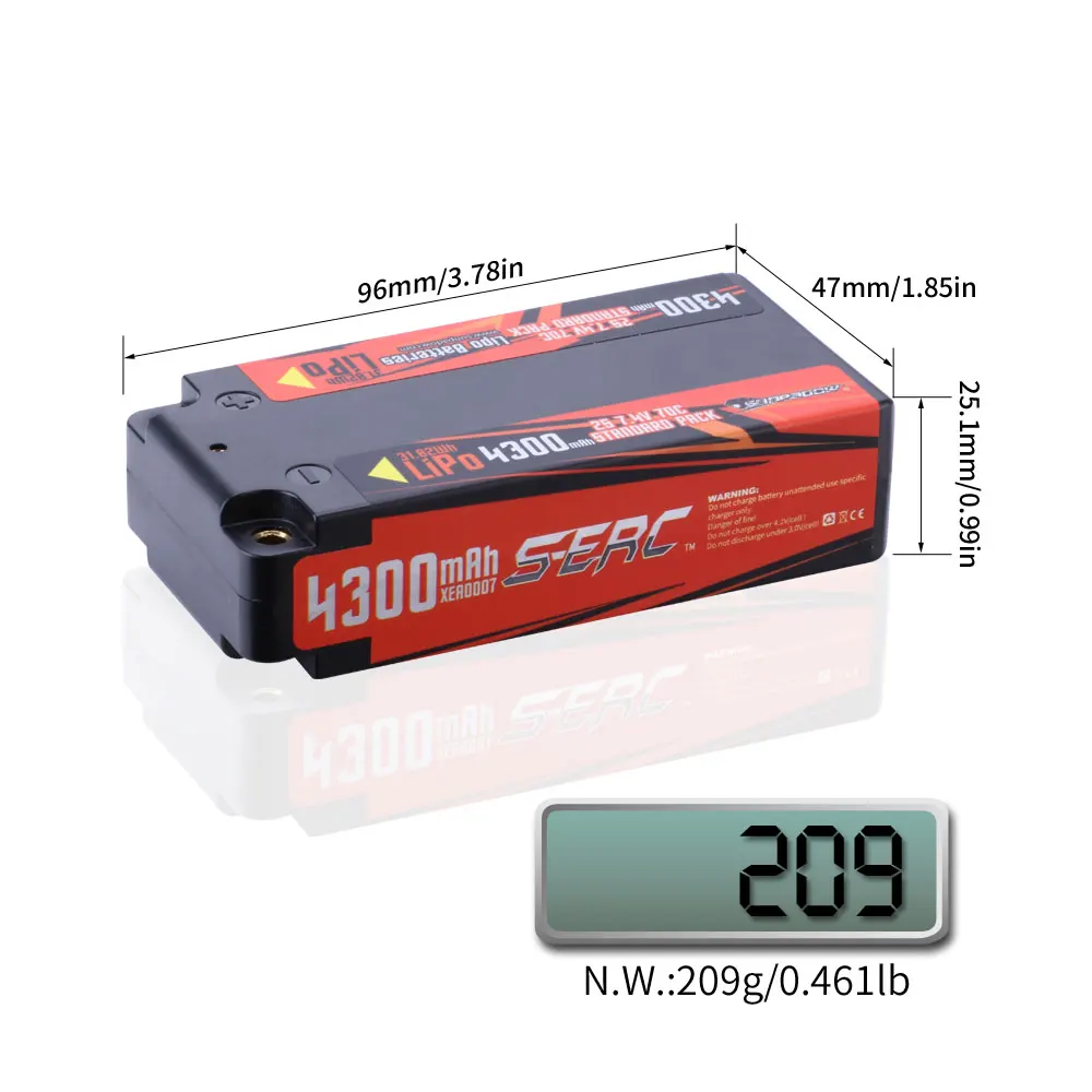 SUNPADOW 2S Shorty Lipo Battery 7.4V 4300mAh 70C Hard Case with 4mm Bullet for RC 1/10 Scale Vehicle Car Truck Tank Buggy Champ