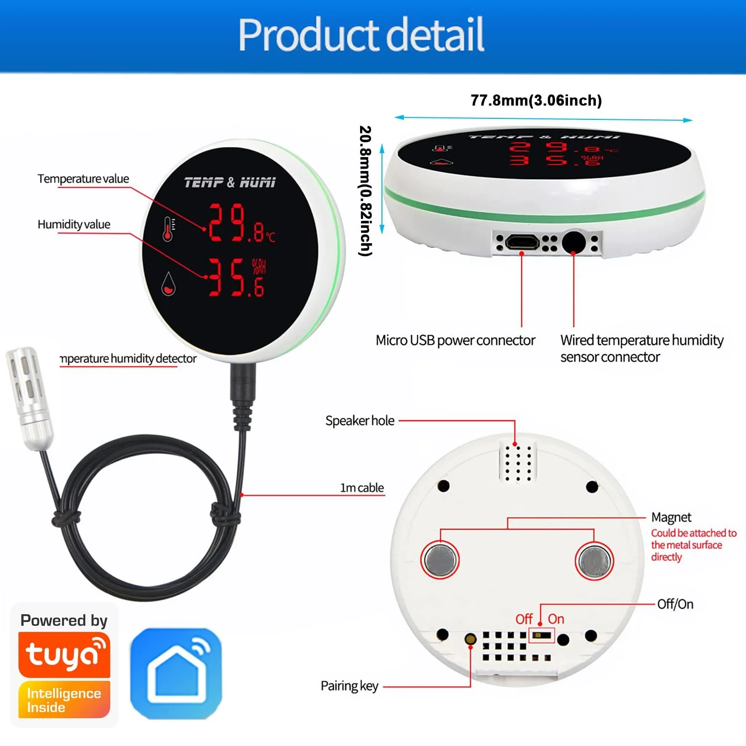 Tuya WiFi Temperature Humidity Senor External Probe 3M With LCD Screen Remote Alarm Indoor Thermometer Hygrometer Smart Life APP