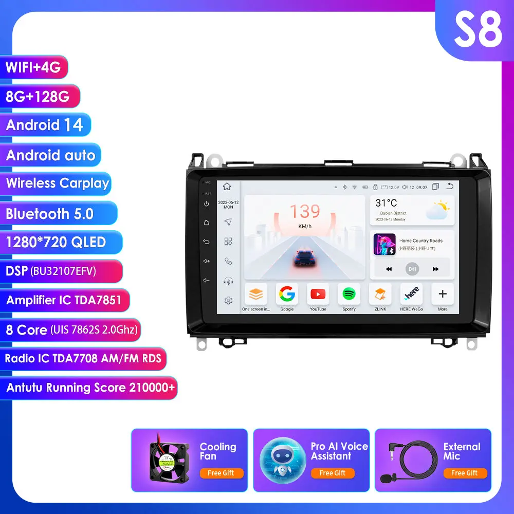 9'' Carplay 4G 2 Din Android Auto Radio Voor Mercedes Benz A B Klasse B200 W169 W245 B200 W906 2500 Sprinter 3500 W639 Vito Viano Vw