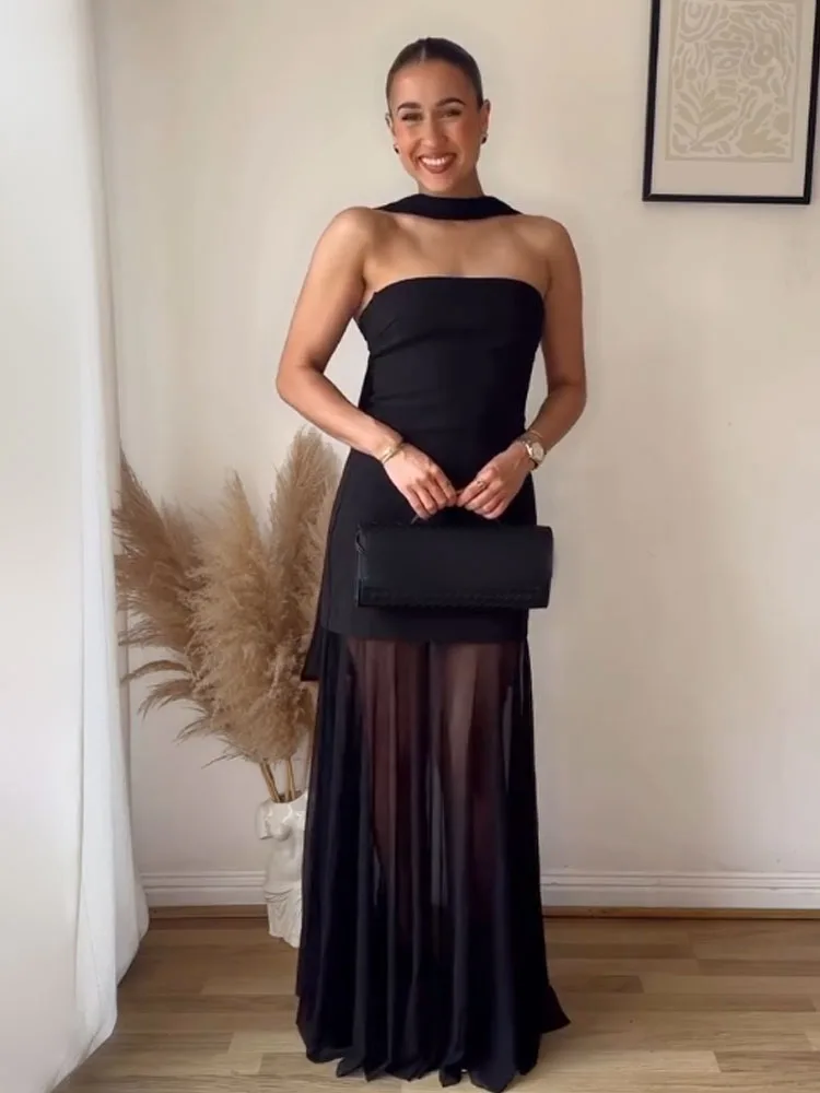 HH Women Summer Fashion Holiday Pleated Dresses Female Backless Sleeveless Sexy Dress Zipper Translucent Patchwork Long Dress