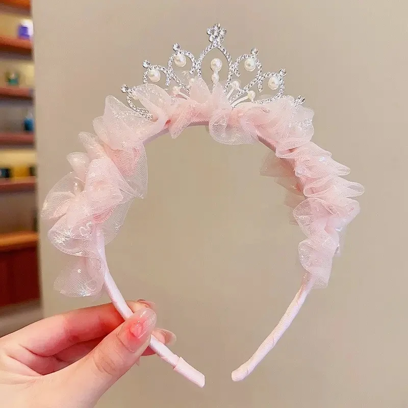 1pc Cute Crown Headband Girls Pink Lace Fashionable Hair Band Baby Girls Birthday Party Performance Princess Girl Hair Accessory