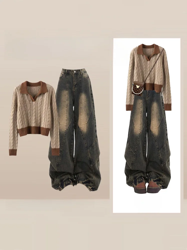 

Американский ретро цветной вязаный свитер с цветочным воротником, женский осенне-зимний ленивый сарафан, широкая рабочая одежда, джинсы, комплект из двух предметов