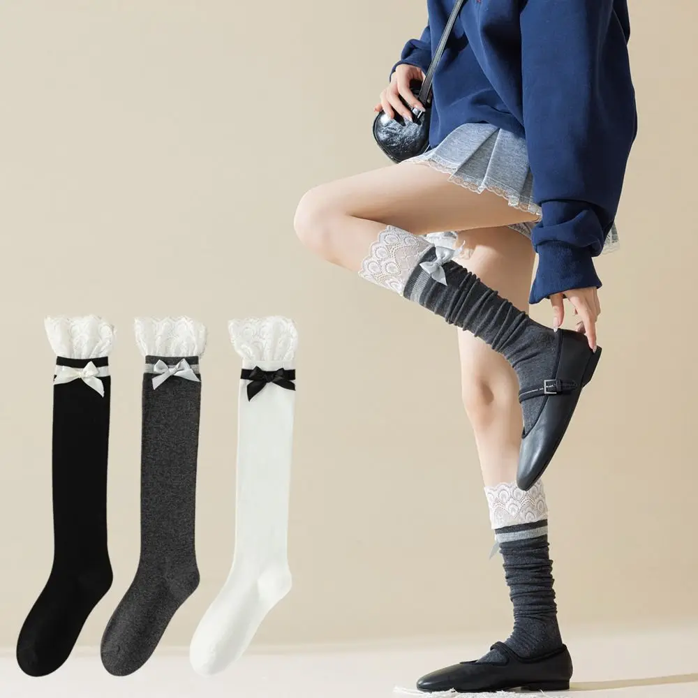 

New Lace Ruffle Long Socks Ribbon Bow College Style Stockings Kawaii Warm Socks Women