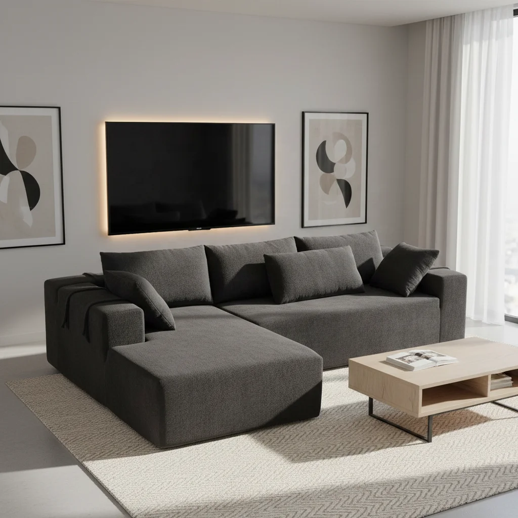 #Textured Fabric L Shape Left Chaise Sectional Sofa 3 Seater ModernMinimalist Couch with Throw Pillows for Living Room Furniture