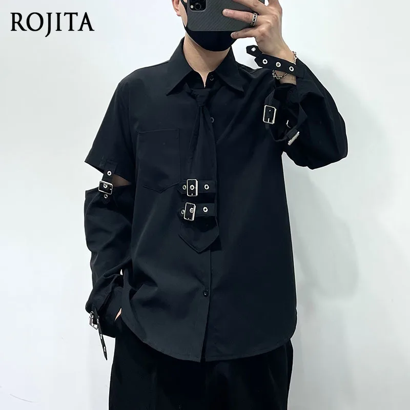 

White Shirt Women Dark Style Metal Patchwork Functional Trendy Men's Shirt Street Style Fashion Long Sleeve Shirt Streetwear