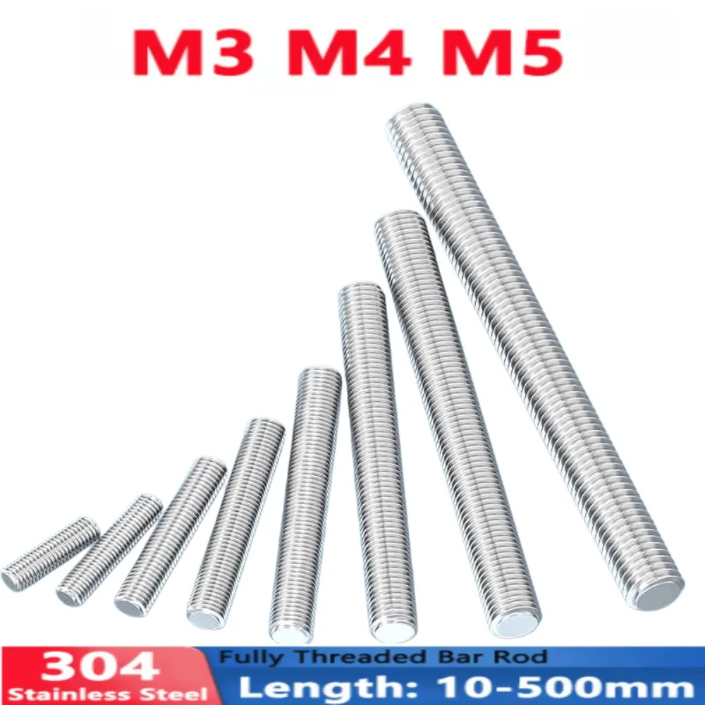 M3 M4 M5 Stainless Steel Full Thread Rods 5-100Pcs Metric Threaded Bar Headless Bolt Fastener Stud L10-500mm Anchor Screw