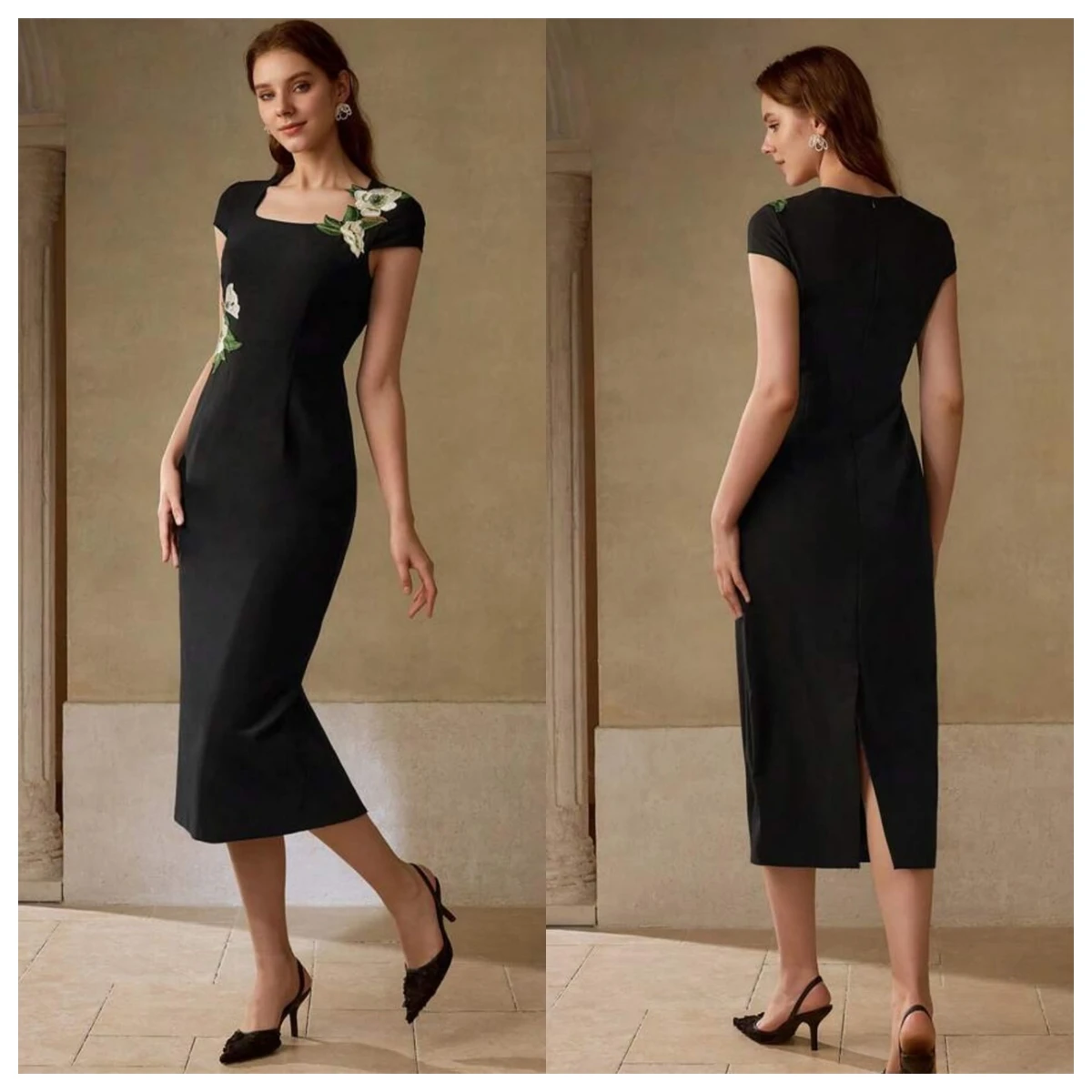

Customized Delicate Black Jersey Evening Dress Square Collar Short Sleeves Celebrity Gowns Special Occasion Gowns Appliques