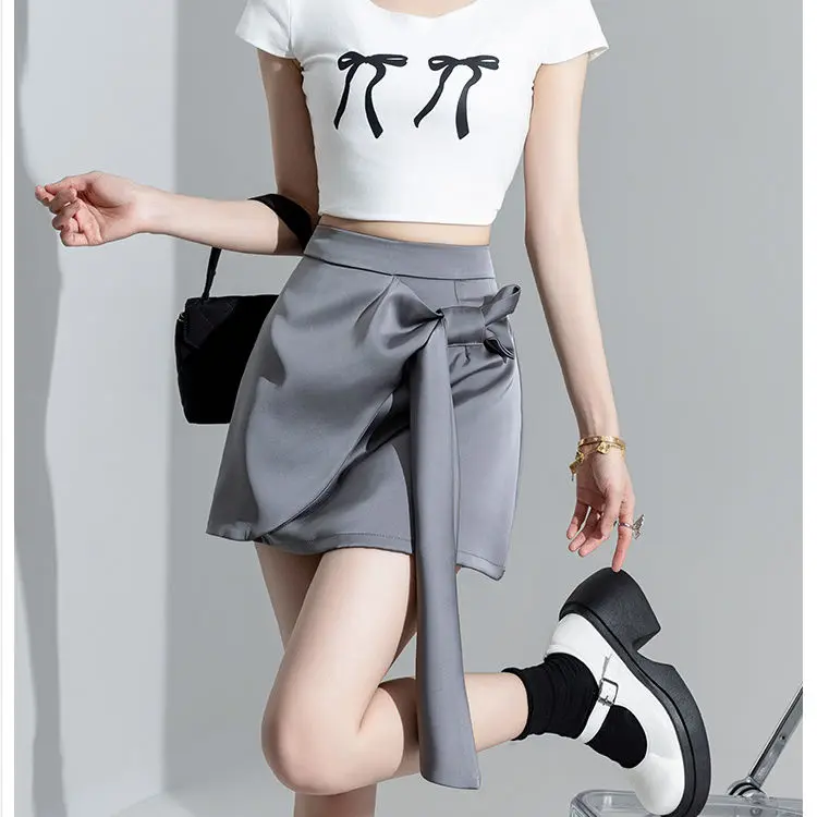 

Korea Cute Bow Women Sexy Skirt Sweet High Waist Student A Line Mini Skirt Summer Female Solid Color Skirt