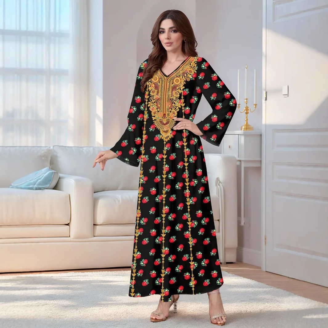 Middle East V-neck Long Dress Muslim Robe New Fashion Printed Women's Long-sleeved Dress Abaya