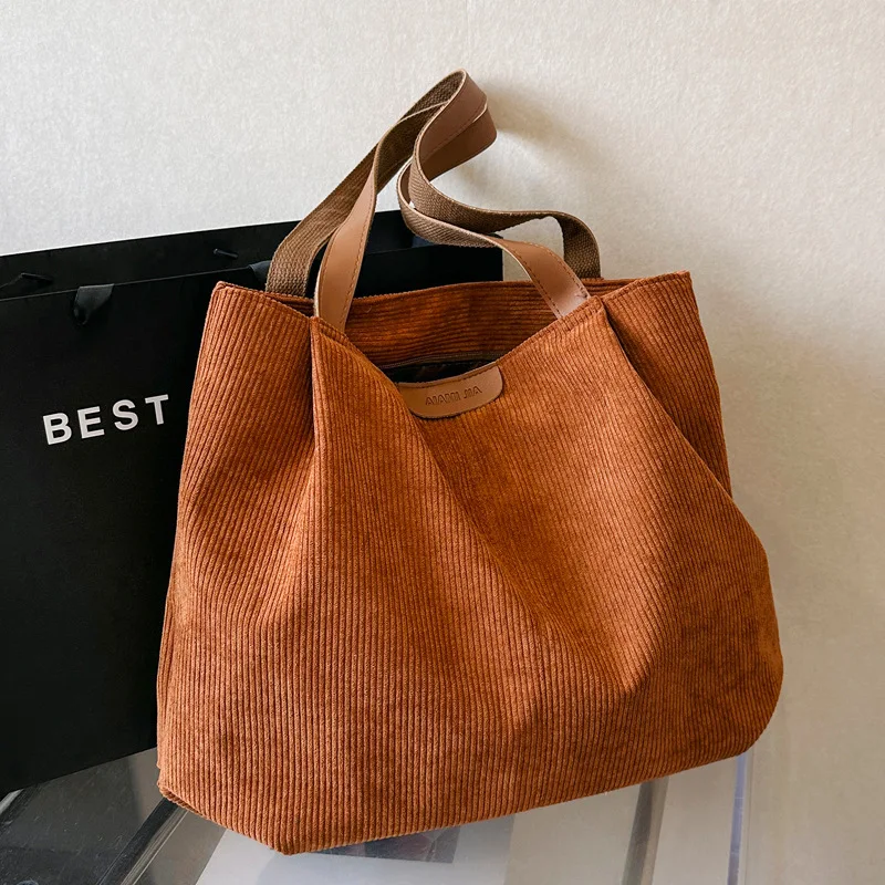 Handbag Corduroy Striped Tote Shoulder Bag Korean Style Fashion All-match Large Capacity Solid Color New Autumn Winter Commuting