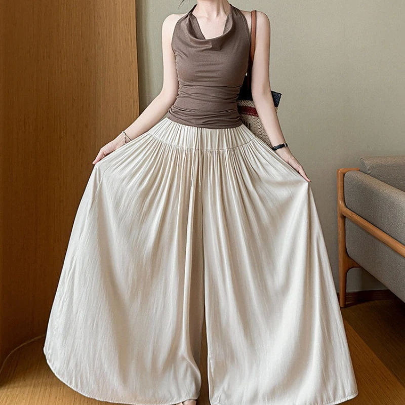 Summer Fashionable Lazy Hanging Feeling Slimming Elastic Waist Skirt Pants Relaxed Design Temperament Wide Leg Pants for Women