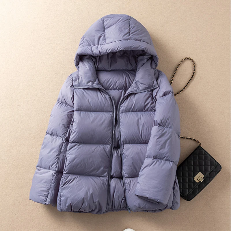 

Winter Women Short White Duck Down Jacket With Hood Female Thick Loose Soft Warm Zipper Coat Big Size Windproof Good Quanlity