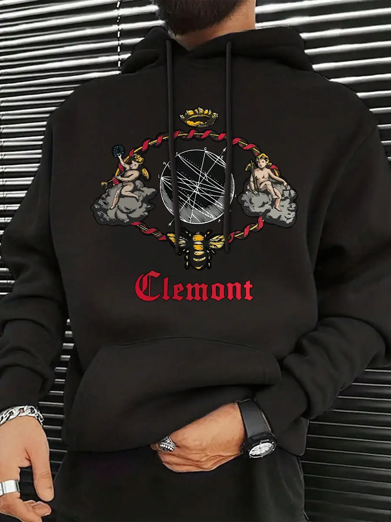 Claremont Badge Print Men's Hooded Sweatshirt - Black Casual Pullover With Front Pocket, Long Sleeve Autumn Winter Warm Hoodie, Machine Washable Regular Fit