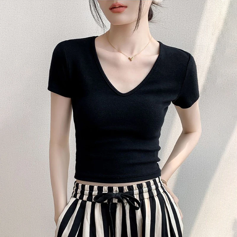 

Fashion Slim Fit Elastic Solid Color U-Neck Straight Shoulder T-Shirt For Women