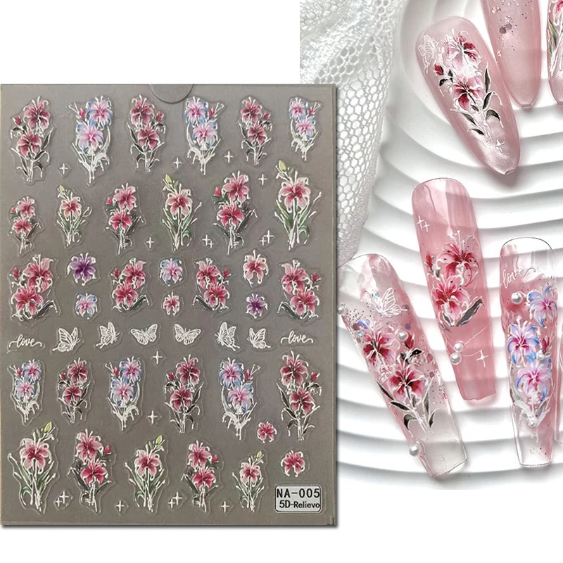 

5d Embossed Nail Art Stickers Blossom Red Purple Pink Lily Flowers White Butterflys Sliders Decals Decorated Nail Manicures