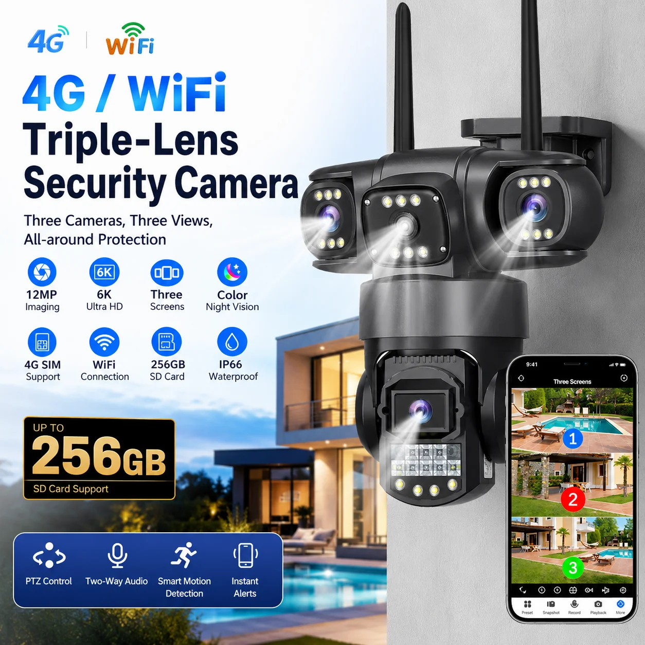 Caméra 4G/WIFI 256 Go avec carte SIM, 12 MP, 6K, trois objectifs, trois écrans, vision nocturne, protection de sécurité, surveillance vidéo