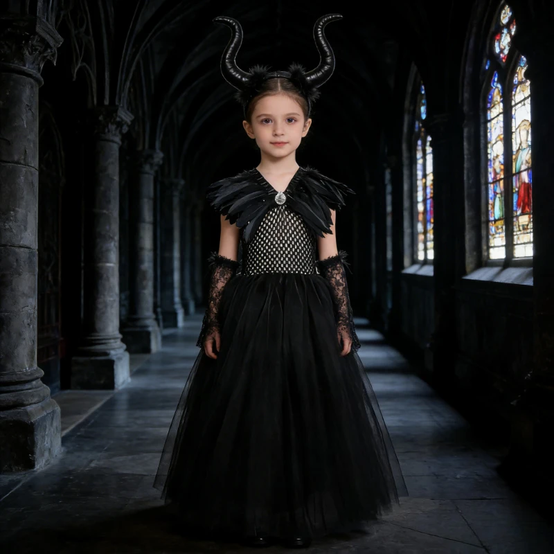 Girls' Long Halloween Demon Witch Queen Clothes, Kids' Black Long Outfit for Halloween Party Stage Performance and Carnival