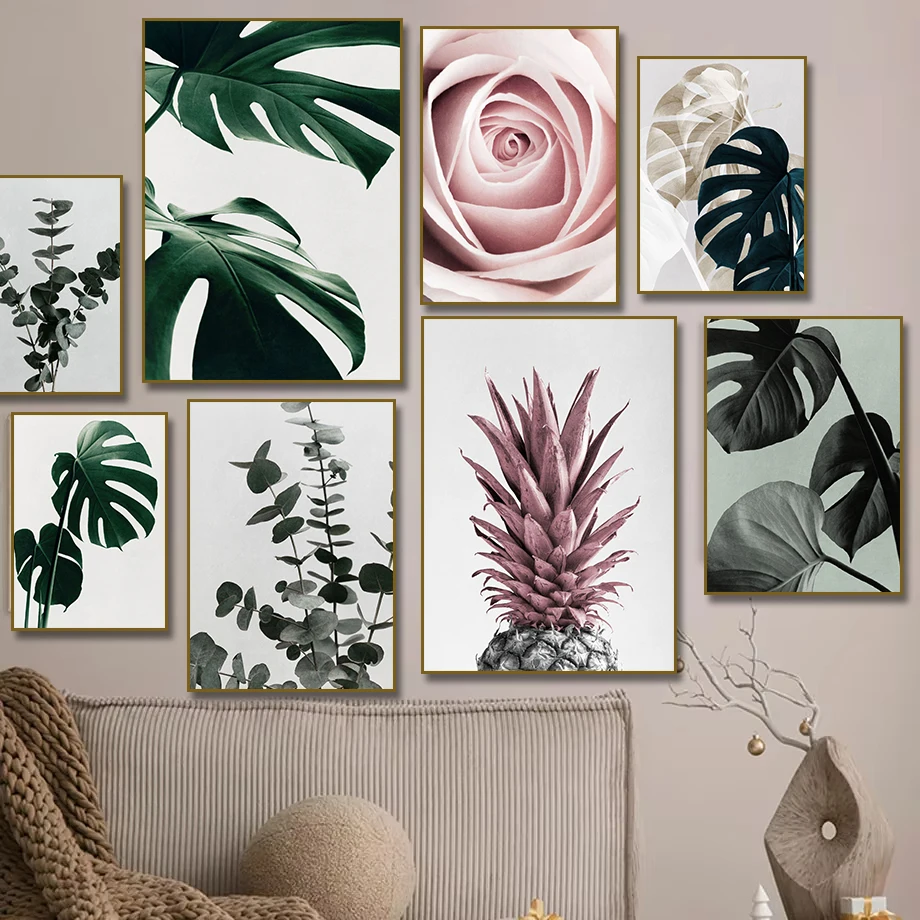 Nordic Sage Green Botanical  Aesthetics Wall Art Monstera Agave Plant Pink Rose HD Canvas Poster Print Home Living Room Decor