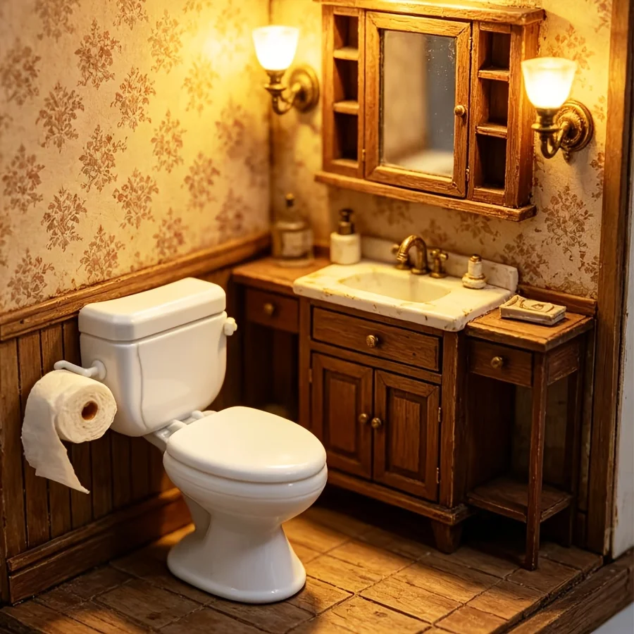 Dollhouse Toilet Decor, Pull‑Out Tissue, Flip‑Up Seat, Hangable Tissue Roll, Simulated Flush Button, Dollhouse Bathroom Accessor