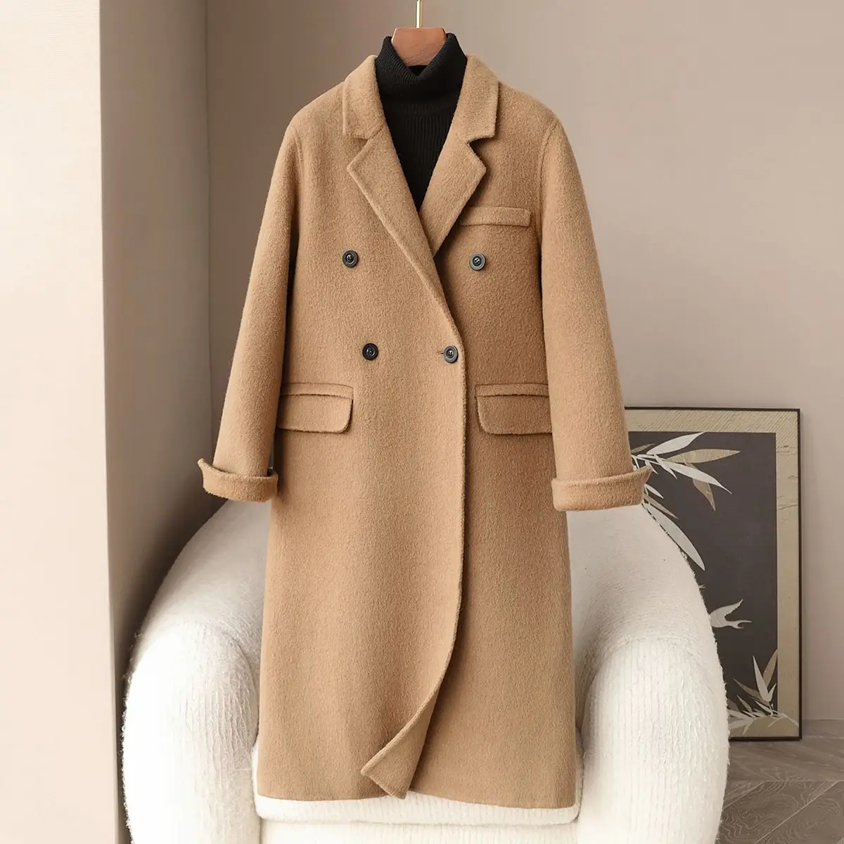 

2025 Spring New Camel Fleece + Wool Long Woolen Coat Suit Collar Korean Version Woolen Coat Women