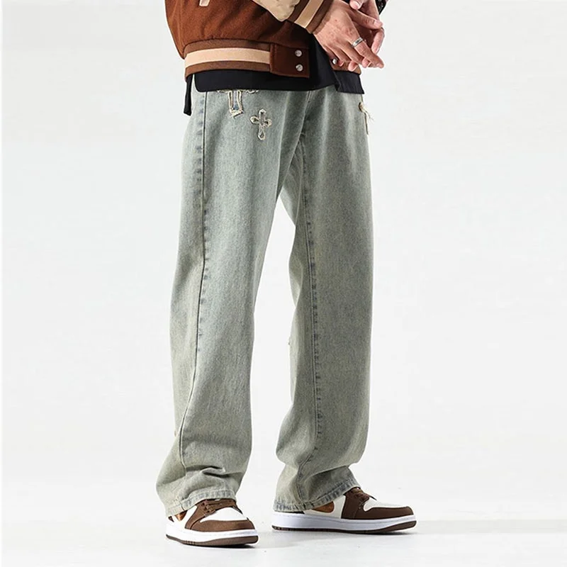 

Модные мужские джинсы в американском стиле, свободные прямые брюки с широкими штанинами, стильные городские молодежные джинсы из хлопкового денима