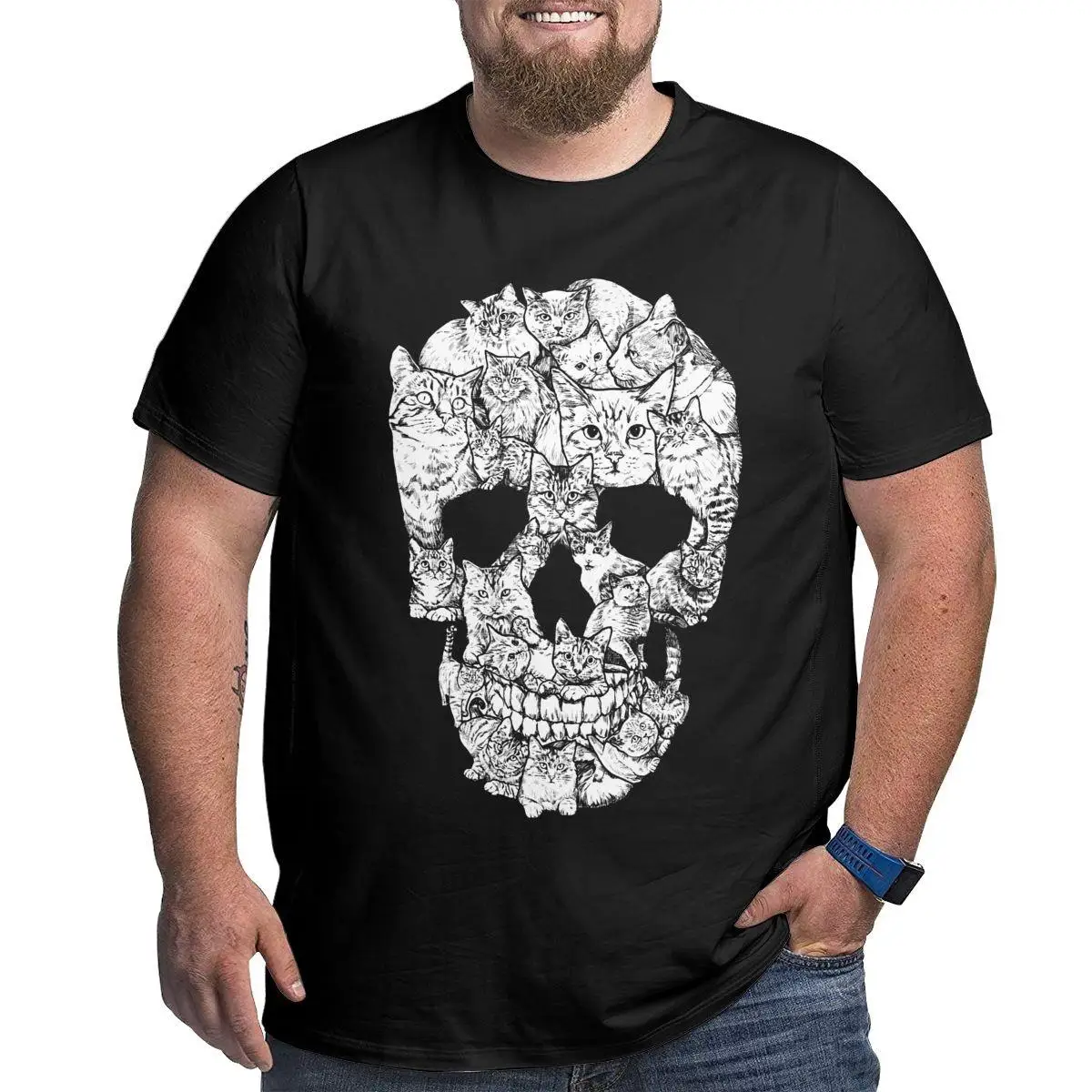 Men Cat Skull Halloween Death Scary Kitten Goth Gothic Punk Skeleton T Shirt Big Tall Tee Shirt Plus Size 4XL 5XL 6XL T-Shirt