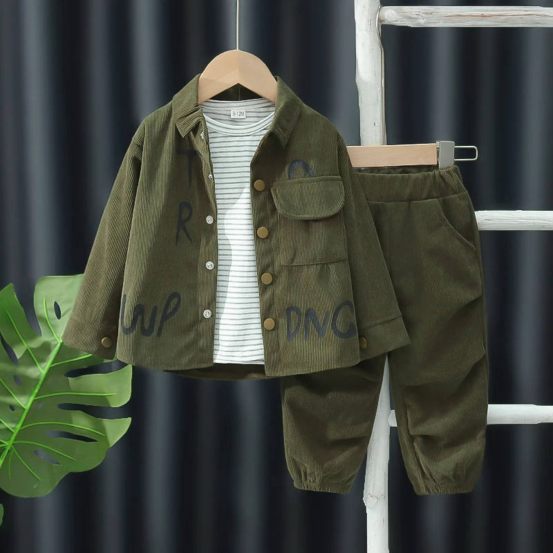

Boys' Spring and Autumn New Fashion Trendy Letter Corduroy Coat Long Sleeve Inner Pair with Boys' Baby Pants 3-Piece Set