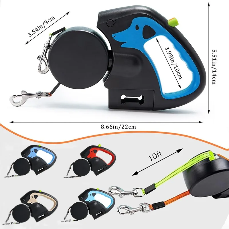 Double Heads Retractable Dog Leash 10FT Two Dogs Walking Lead One‑Button Lock Non‑Slip Ergonomic Handle Multi‑Color Option