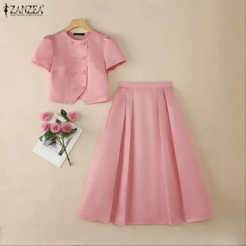 

Summer Elegant O Neck Short Sleeve Blouse Dress Suit ZANZEA Office Outfits Satin 2 Pieces Sets Elegant Women OL Work Dress Sets