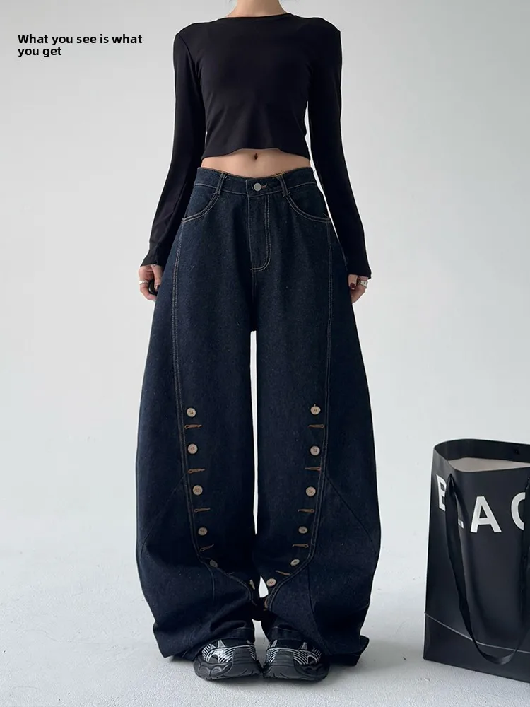 

American Sle Spicy Girl Design Multi-Button Knife Wide Leg Jeans Women's Autumn Winter New Lazy Feeling Floor-Length P...