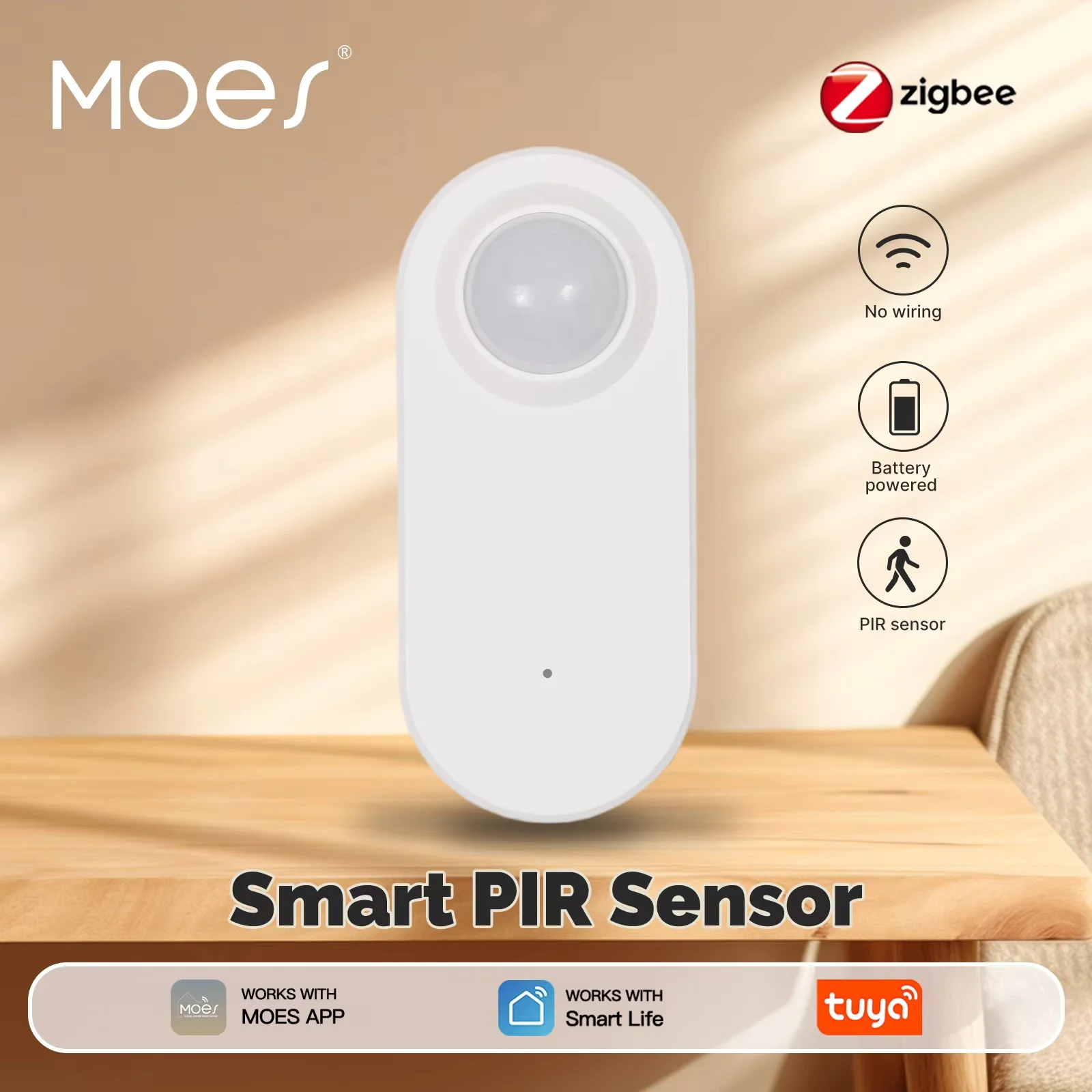 MOES Tuya Zigbee Motion Sensor Smart PIR Human Body Infrared Detector,Battery Powered, APP Control,Scene Linkage,Smart Life