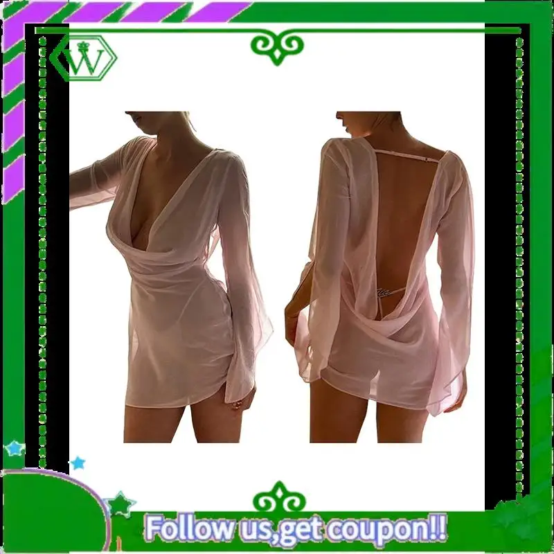 A18P- فستان نسائي قصير شفاف من خلال قطعتين بأكمام طويلة ورقبة على شكل V بقماش شفاف بدون ظهر غطاء ضيق