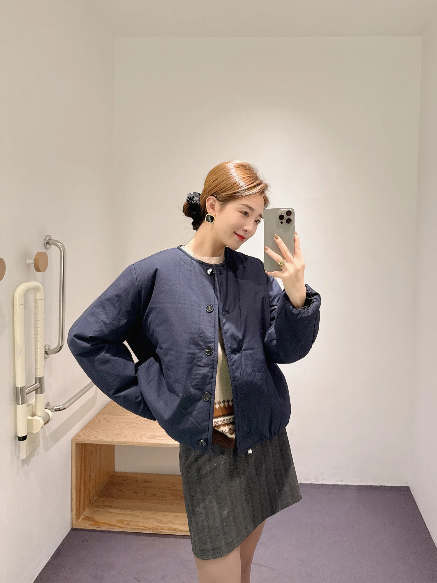 

High Quali round Ne Loose Fit Cotton Jaet Women's Faion Cos Sle Winter New Arrival Button Inner Coat Warm Outerwear