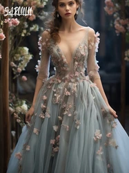 Floral V Neck Romantic Evening Dress Women A Line Tulle Appliques Party Customized Prom Gown Fashion Special Occasions Wear
