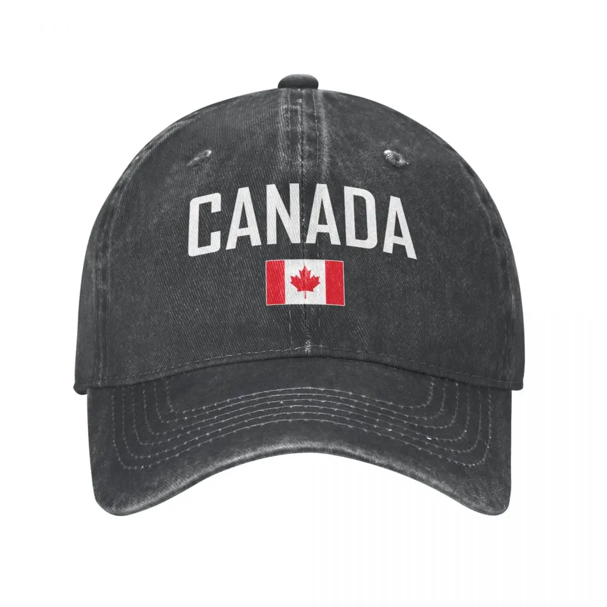 Men Baseball Cap CANADA Flag And Font Charcoal Washed Denim Vintage Cotton Dad Trucker Hat