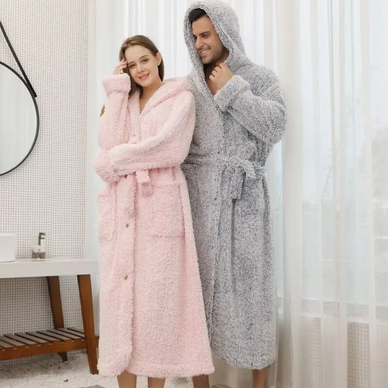 Winter Luxury Double Layer Flannel Men Robe Hooded Nightgown Thick Coral Fleece Belt Botton Super Long Loungewear Loose Bathrobe