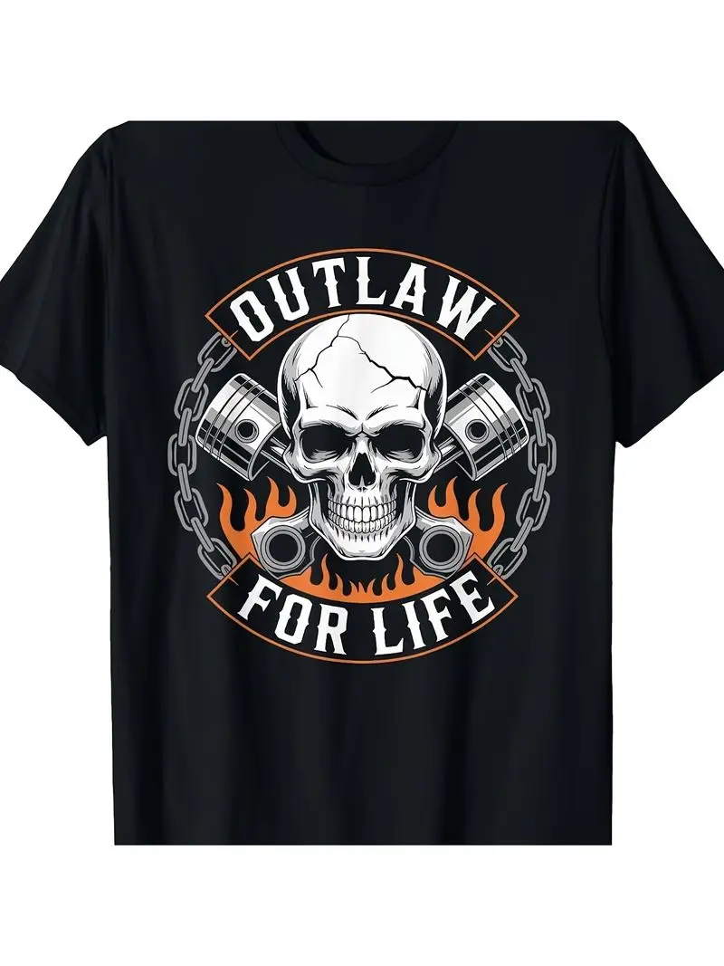 Men's Graphic Tee Featuring Skull And Pistons Design Perfect For Bikers Casual Crew Neck Short Sleeve Shirt Great Valentine's