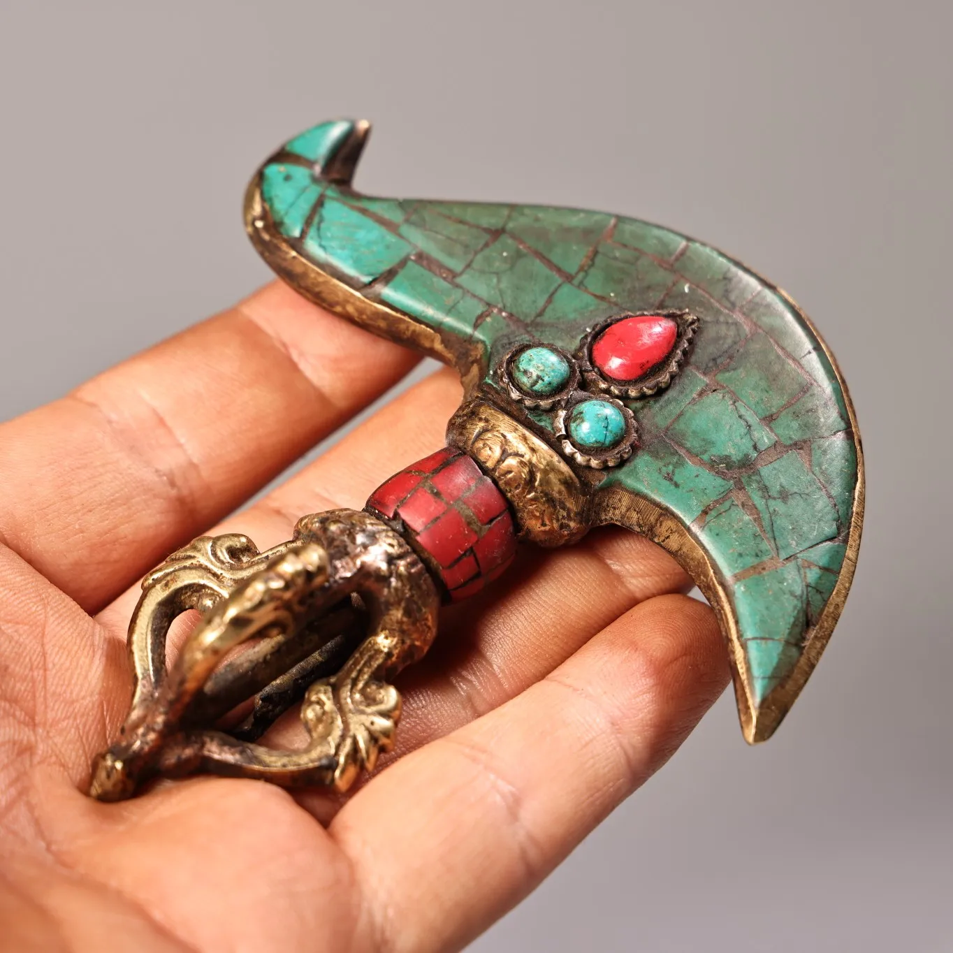 Bronze Mosaic Turquoise Five shares  Knife shape Vajra Phurpa Amulet Dharam Town  house Exorcism