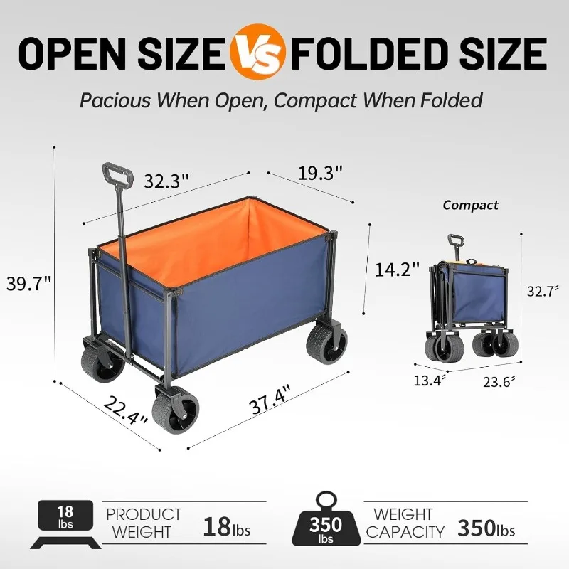 

Collapsible Folding Wagon Cart with All-Terrain Wide Wheels, Heavy Duty Garden Cart with 350lbs Capacity
