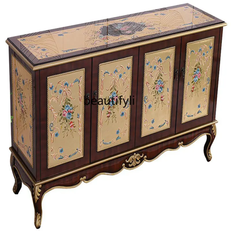 

yj New Chinese Style Solid Wood Gold Foil Hand Painting Carved Entrance Cabinet Wall Sideboard Storage Shoe Cabinet