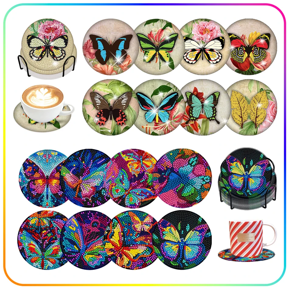 

RUOPOTY Diamond Painting Coasters Stitch Butterfly For Beginner 5D Diamond 8pcs Waterproof Mats Table Decoration And Accessories