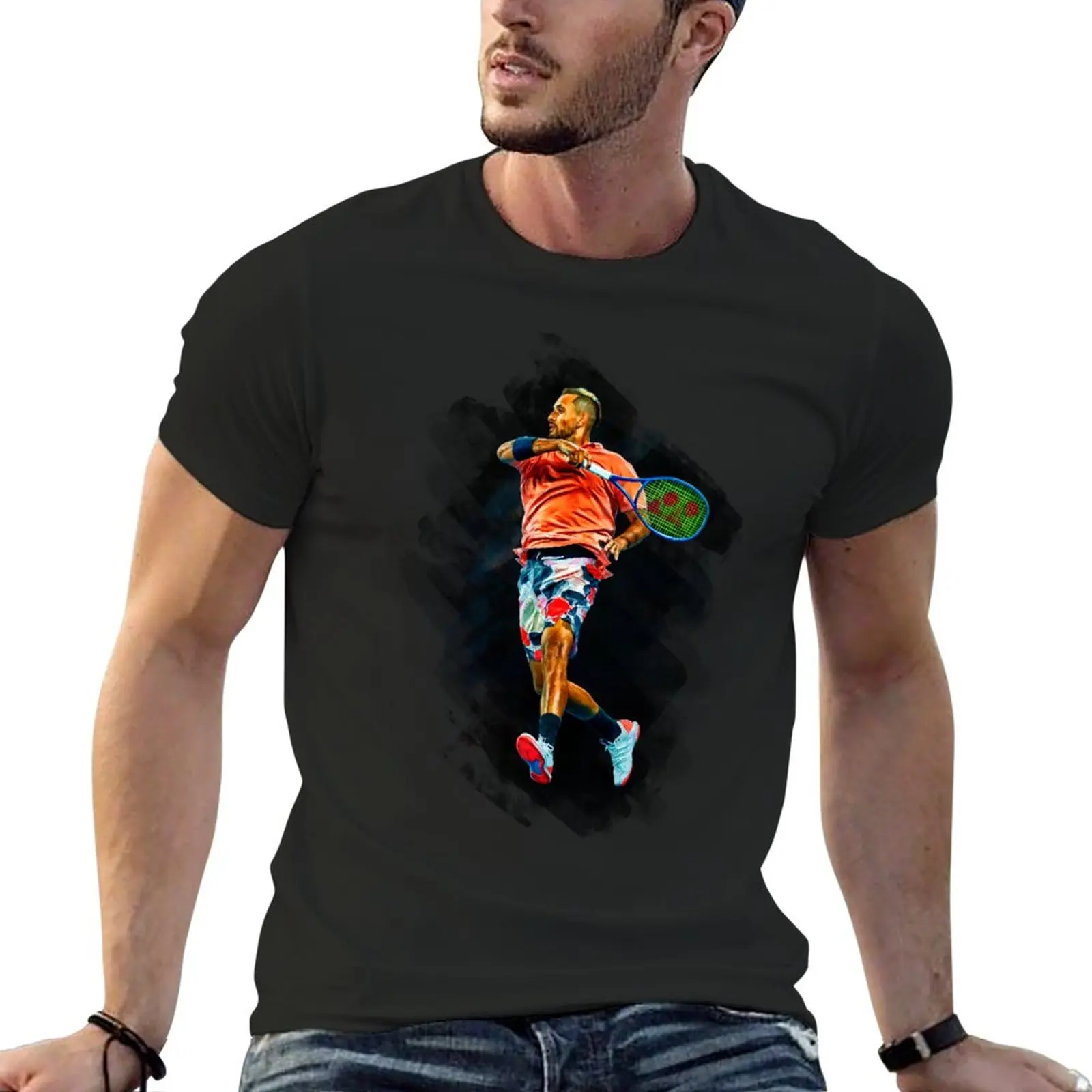 Nick Kyrgios plays forehand at Australian Open 2020. Digital artwork print wall poster. Tennis fan art gift. T-Shirt