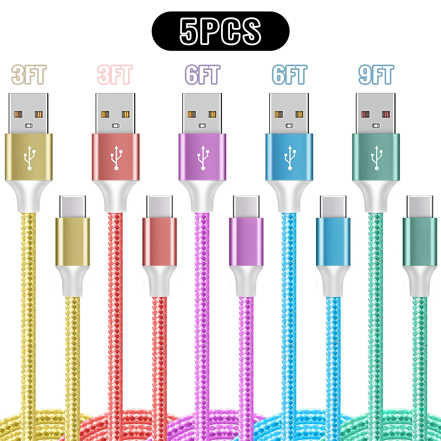 Paquete de 5 Cables USB-C Riksoin, USB 2.0 a USB-C, Alta Velocidad de Datos y Carga, USB-A a USB-C para iPhone 17/16, Laptop, Dispositivos Tipo C