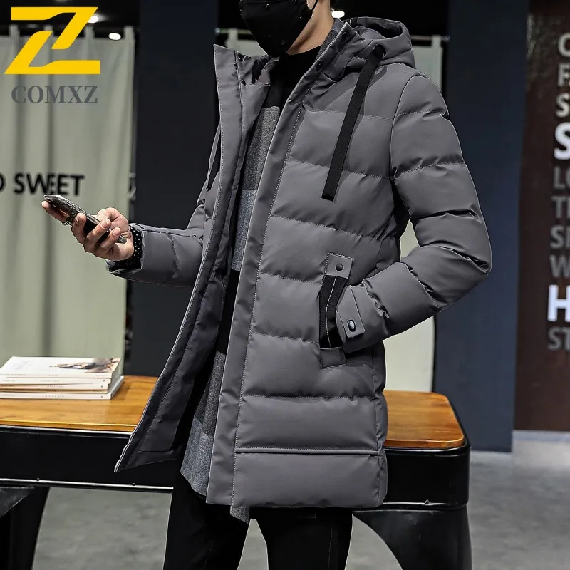 COMXZ Giacca imbottita da uomo di marca di lusso con cappuccio caldo spesso sciolto da viaggio Cappotto Parker da neve Sci Cappotto imbottito di media lunghezza di alta qualità