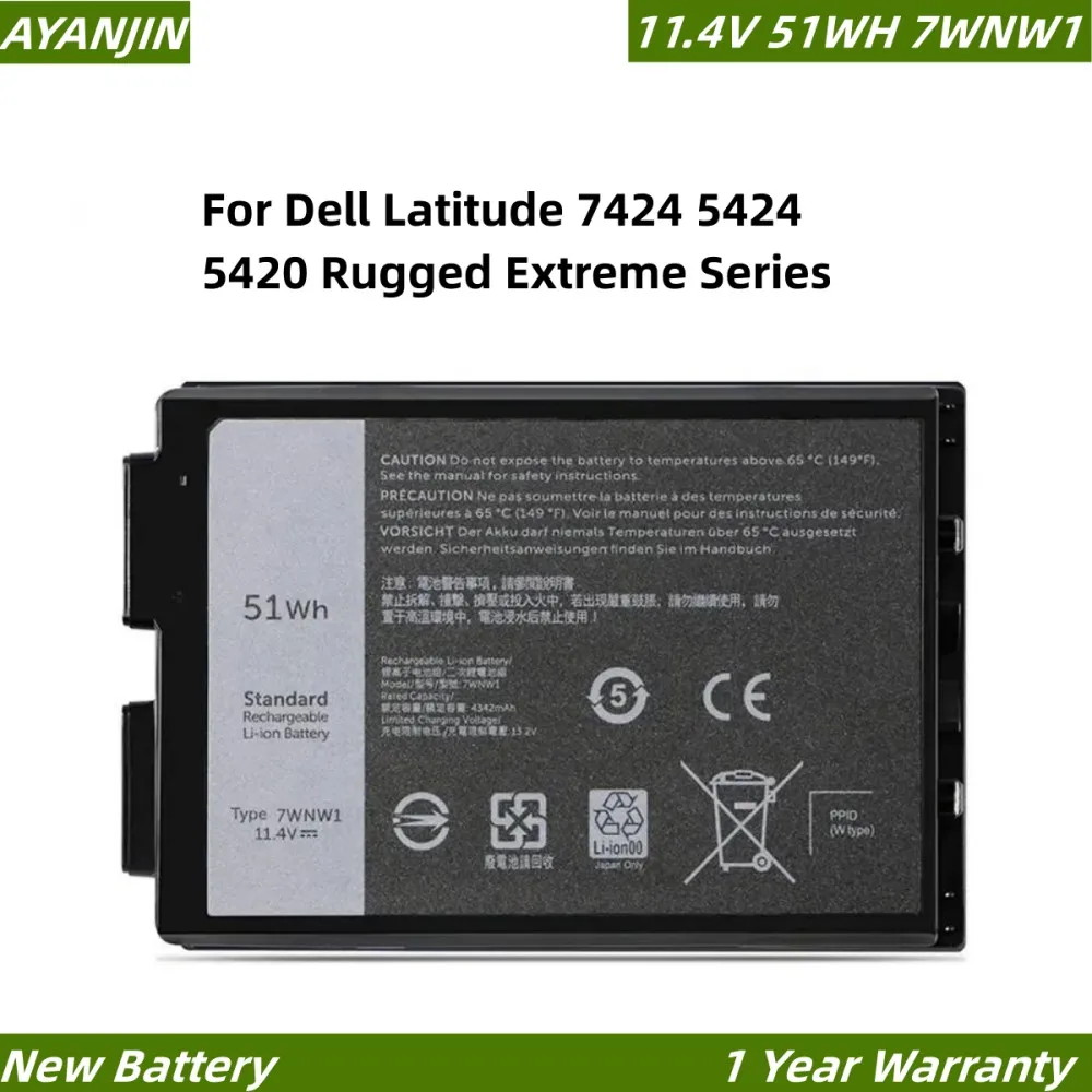 7WNW1 11.4V 51Wh Laptop Battery for Dell Latitude 7424 5424 5420 Rugged Extreme Series Notebook P85G P86G DMF8C 0DMF8C