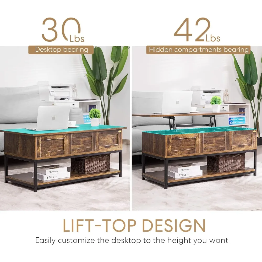 Lift Top Coffee Table with Steel Frame, Dining Table with Open Storage and Hidden Compartment, Suitable for Living Room